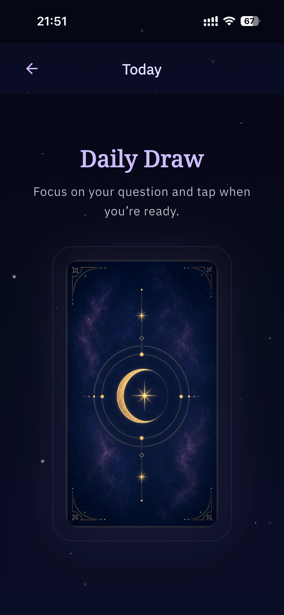 Nivora's Daily Draw screen with a celestial card back